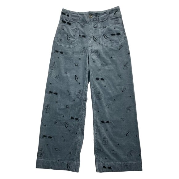 Anthropologie Maeve The Colette Crop Wide Leg Embroidered Corduroy Pant 27 Blue - Picture 1 of 12